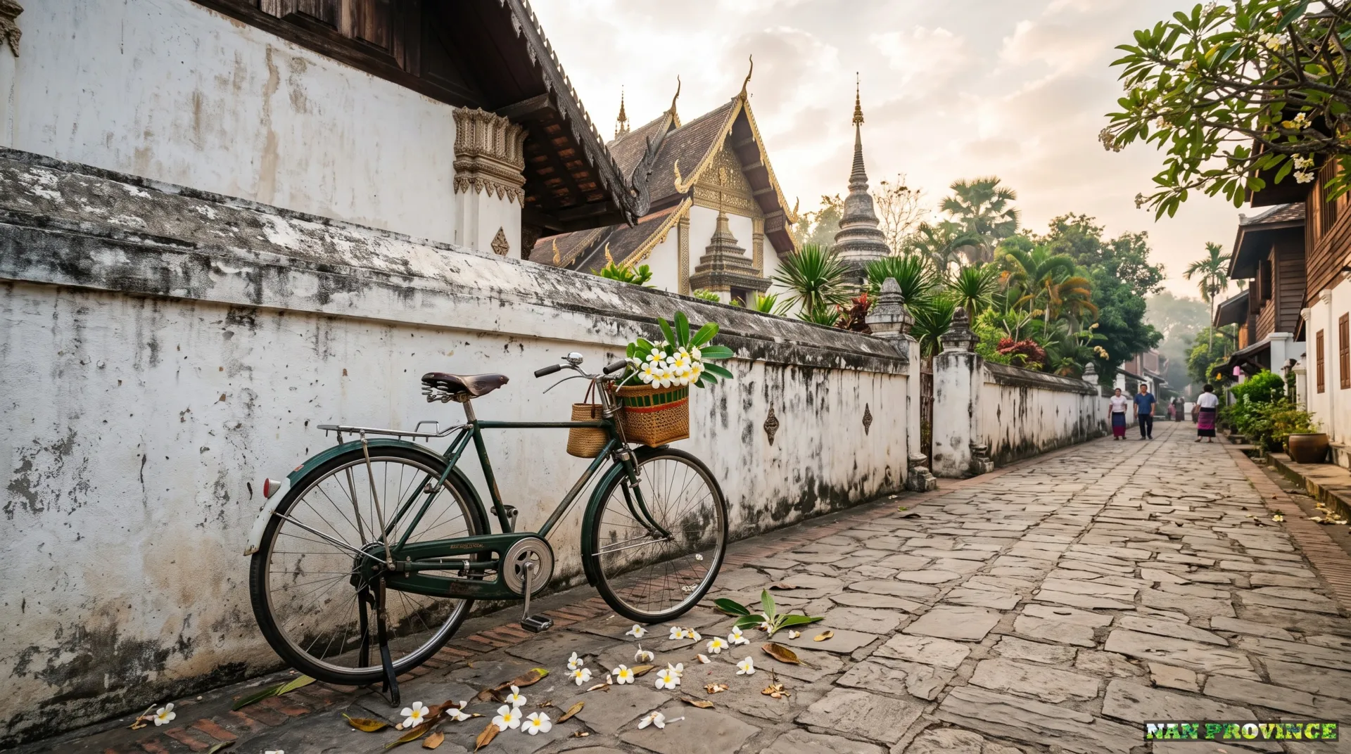 A classic city bicycle parked beside a peaceful temple wall in Nan Old Town