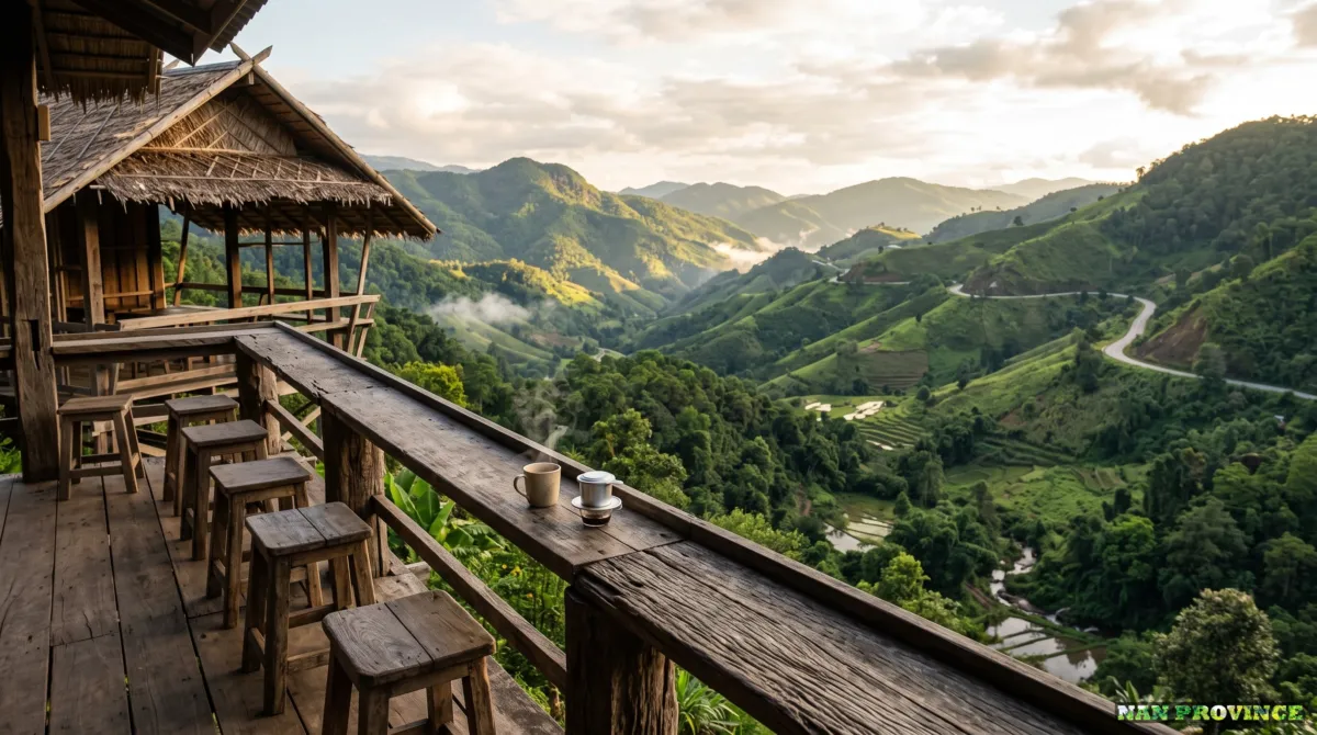 Catching a breath and panoramic views at a mountain cafe near Bo Kluea
