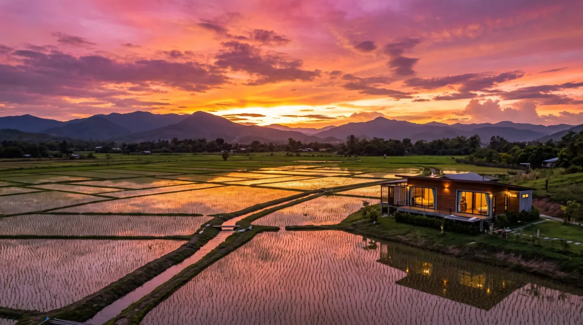 Golden hour twilight falling over the peaceful rice paddies of Pua.