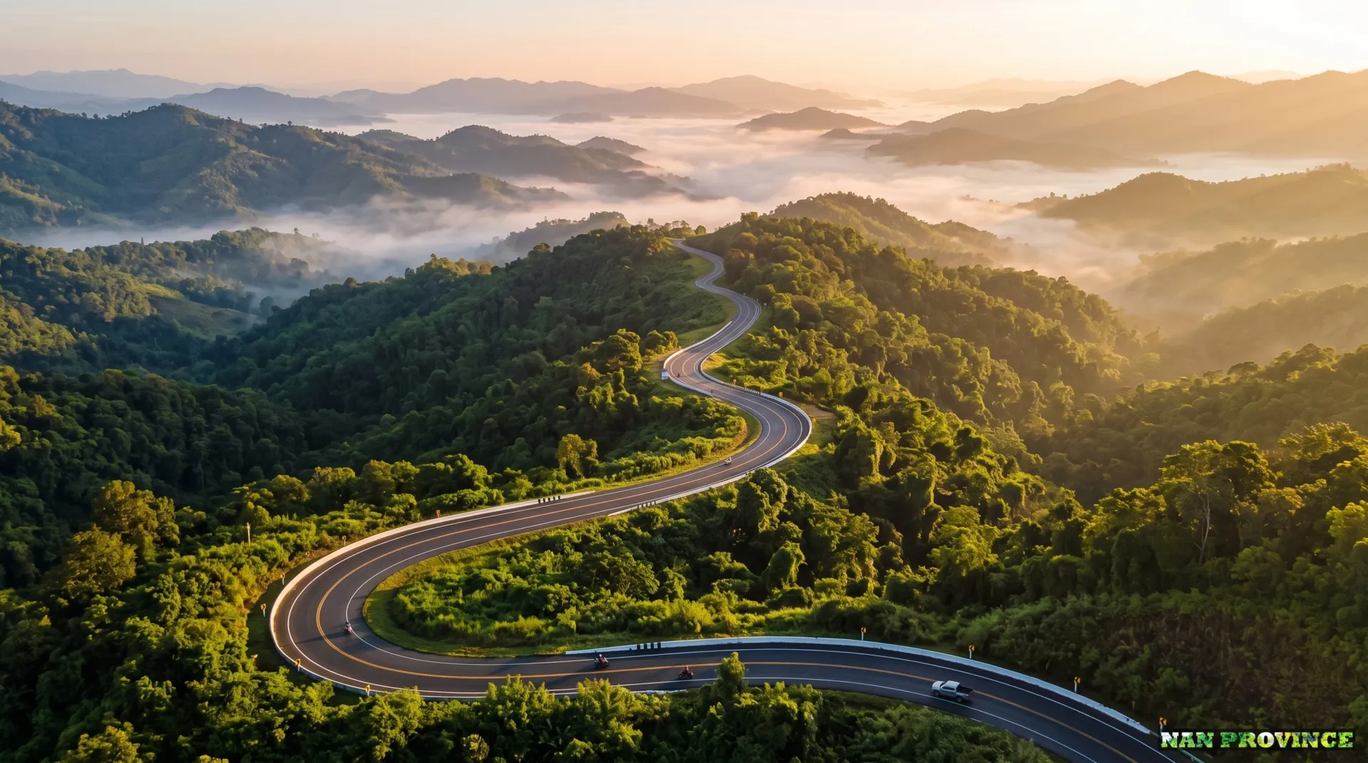 Highway 1081 winding dramatically along the mountain ridges of Nan, Thailand