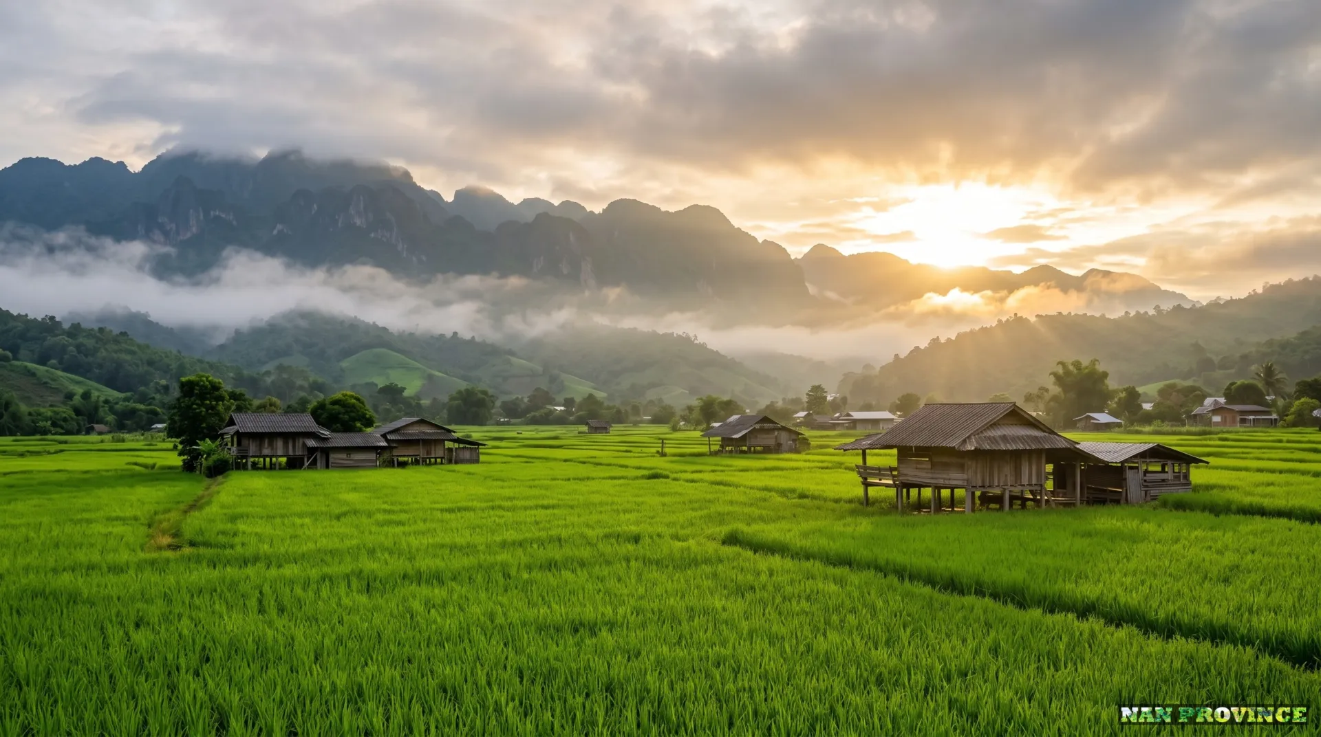 Panoramic morning view of emerald rice fields framed by Doi Phu Kha mountains in Pua, Nan.