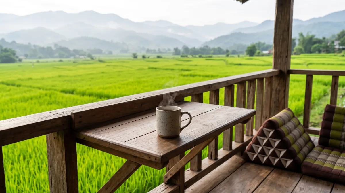 Sipping morning coffee over tranquil rice terraces in Pua.